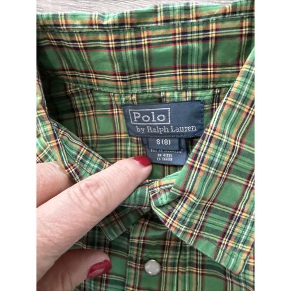 Polo Ralph‎ Lauren Shirt Boys S (8) Green Plaid Button-Up Pearl Snap - Picture 3 of 7